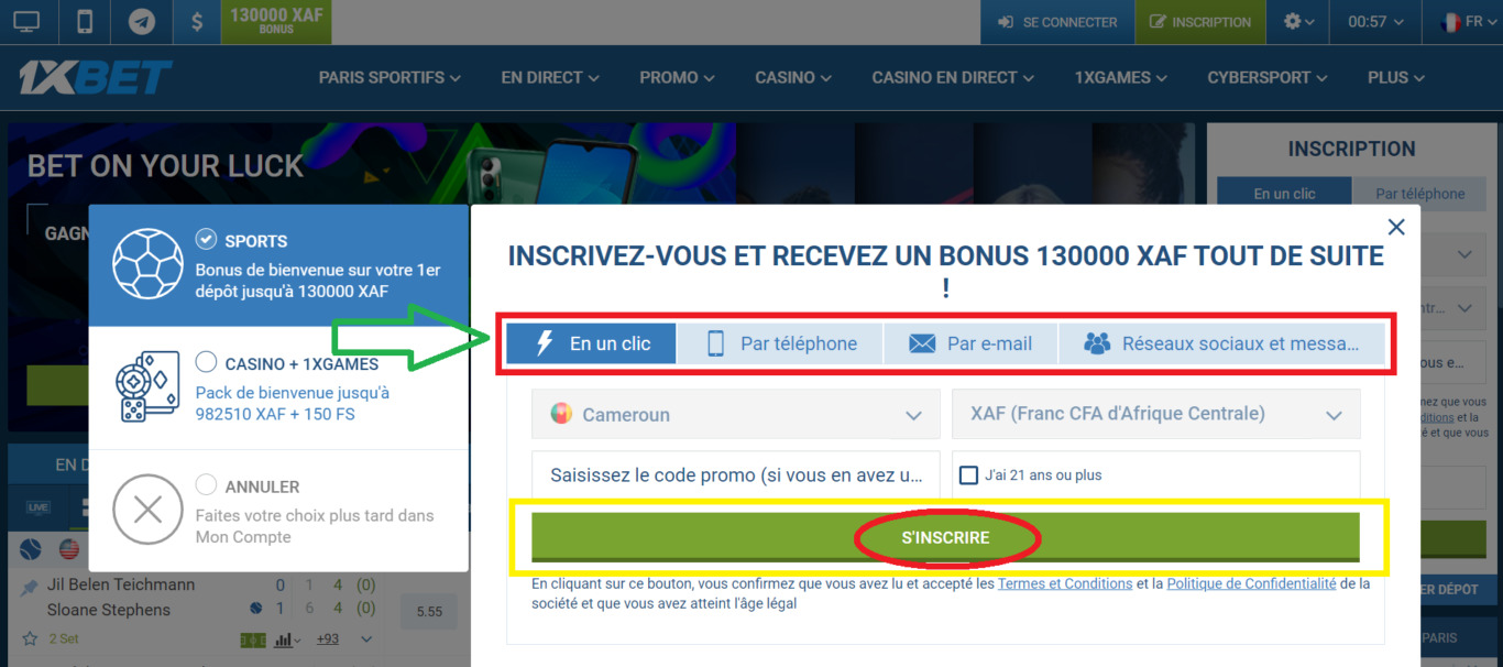 1xBet inscription Cameroun sur la plateforme